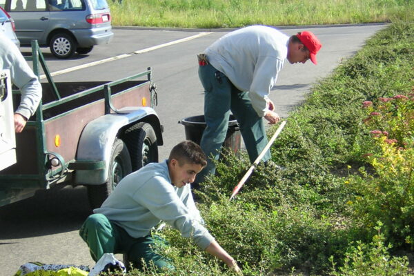 Equipe de jardiniers de La Ferme Nos Pilifs travaillant dans un jardin écologique